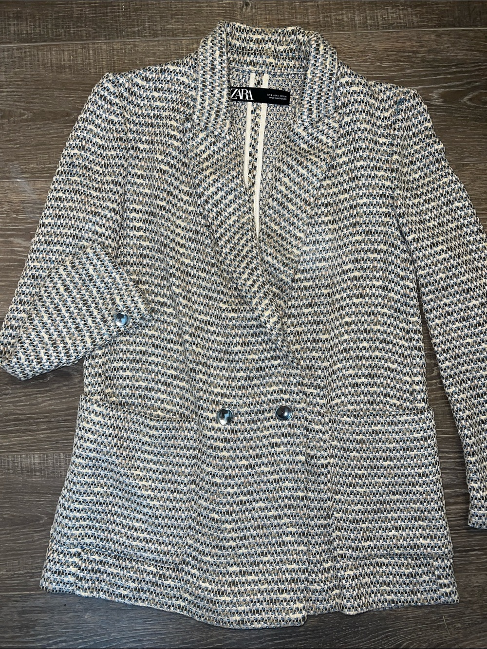 ZARA Cream, Black & Blue Tweed Double-Breasted Blazer